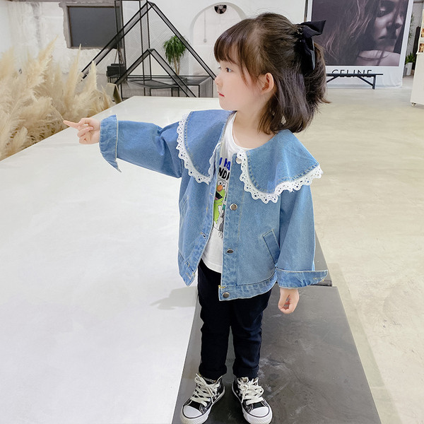 Παιδικό τζιν μπουφάν για κορίτσια με δαντέλα και τσέπες