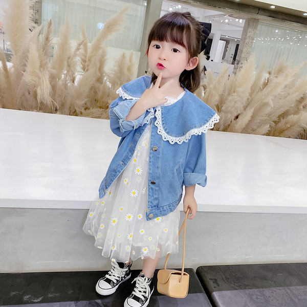 Παιδικό τζιν μπουφάν για κορίτσια με δαντέλα και τσέπες