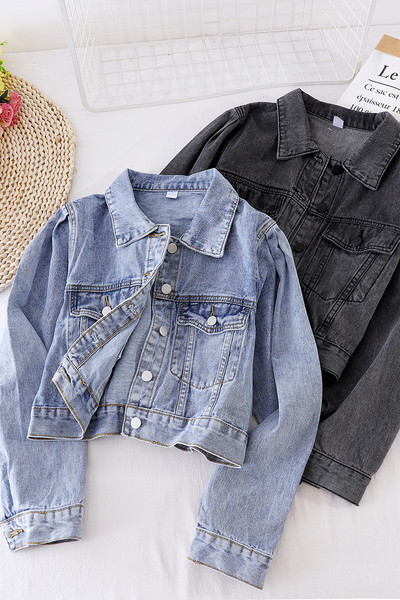 Jacheta casual de dama din denim cu nasturi si buzunare in albastru si negru