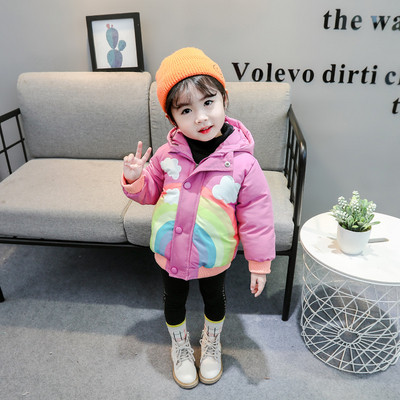 Χειμερινό παιδικό μπουφάν για κορίτσια με κουκούλα και έγχρωμη εκτύπωση