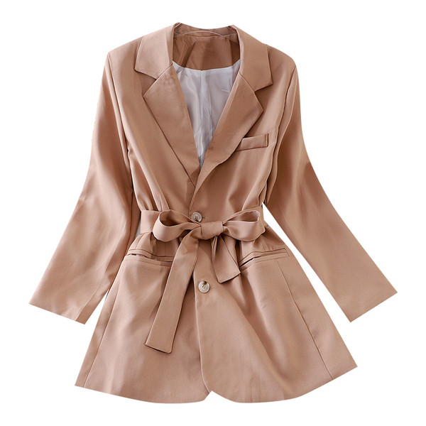 Стилно дамско палто с колан на талията и джобове