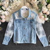 Praegune naiste teksajakk pitsi ja taskutega