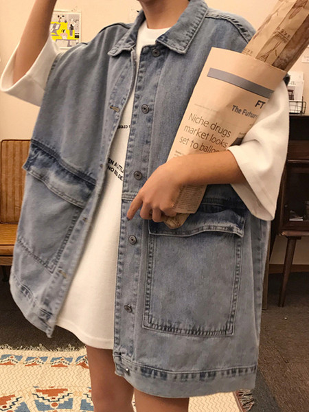 Vesta lata de dama din denim cu buzunare si guler clasic