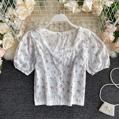 Ρετρό στυλ γυναικείο πουκάμισο με οβάλ λαιμόκοψη και φλοράλ εκτύπωση