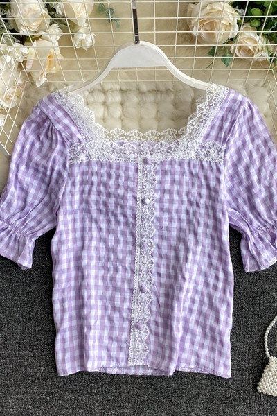 Ruuduline naiste särk kandilise kaelusega ja pitselementidega