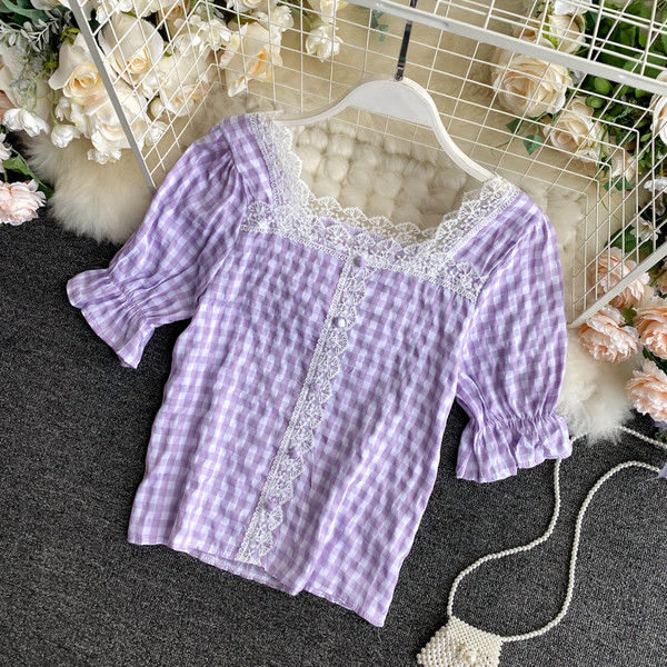 Ruuduline naiste särk kandilise kaelusega ja pitselementidega