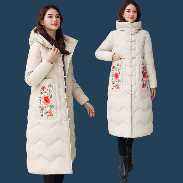 Új modell női hosszú kabát kapucnival és hímzéssel