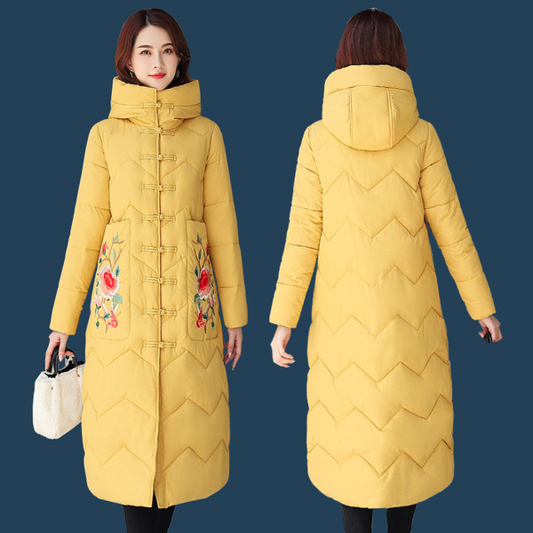 Új modell női hosszú kabát kapucnival és hímzéssel