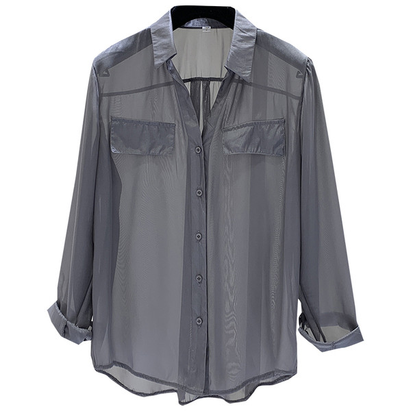 Átlátszó női ing klasszikus gallérral és hosszú ujjal