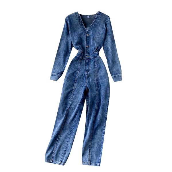 Női farmer overall, spitz nyakkivágással