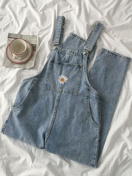 Salopeta de dama din denim cu buzunare si broderie