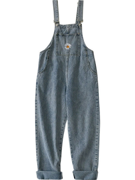 Salopeta de dama din denim cu buzunare si broderie