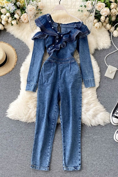 Μπλε χρώμα γυναικεία ολόσωμη φόρμα τζιν με κουμπιά και φερμουάρ