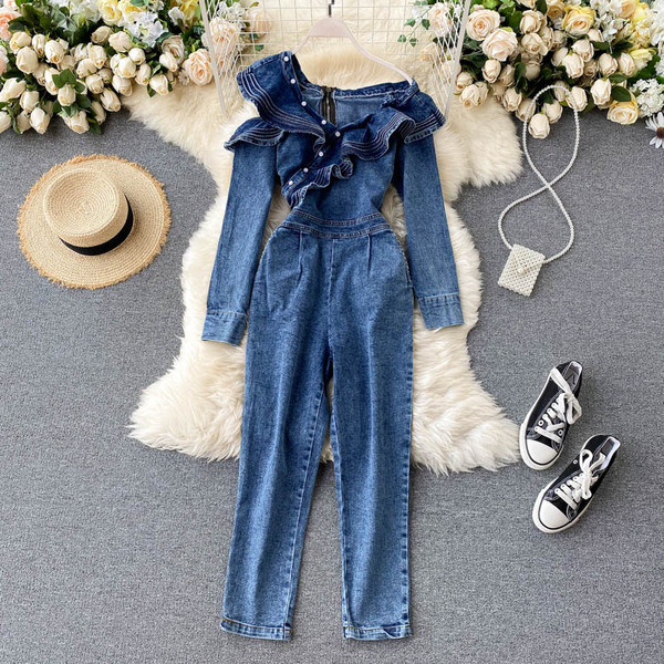 Μπλε χρώμα γυναικεία ολόσωμη φόρμα τζιν με κουμπιά και φερμουάρ