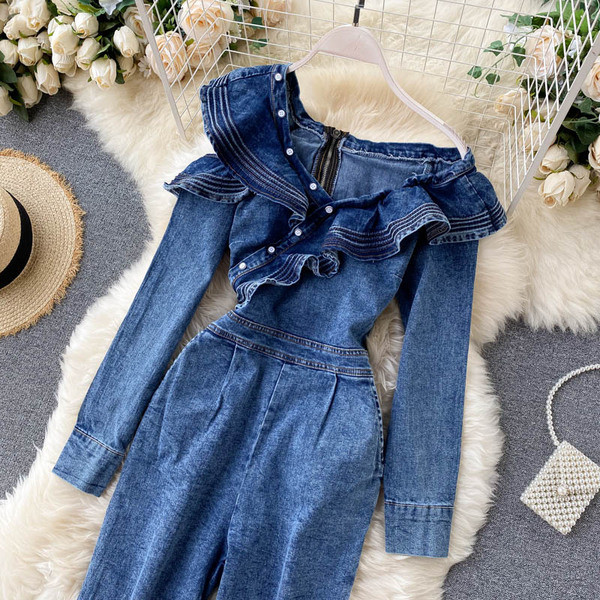 Μπλε χρώμα γυναικεία ολόσωμη φόρμα τζιν με κουμπιά και φερμουάρ