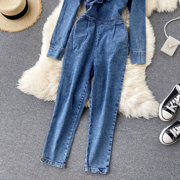 Μπλε χρώμα γυναικεία ολόσωμη φόρμα τζιν με κουμπιά και φερμουάρ