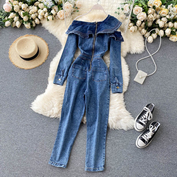 Μπλε χρώμα γυναικεία ολόσωμη φόρμα τζιν με κουμπιά και φερμουάρ