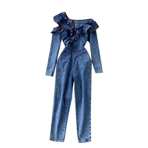 Μπλε χρώμα γυναικεία ολόσωμη φόρμα τζιν με κουμπιά και φερμουάρ