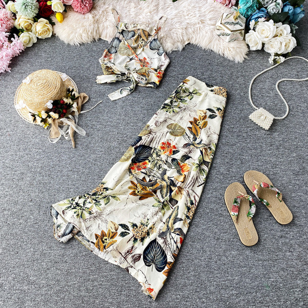 Modern női felső és szoknya szett virágmintával