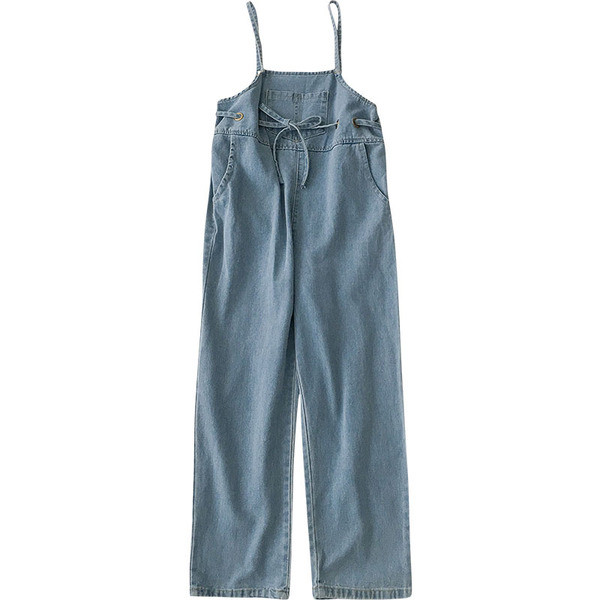 Naiste peenikeste rihmade ja lipsudega teksakombinesoon