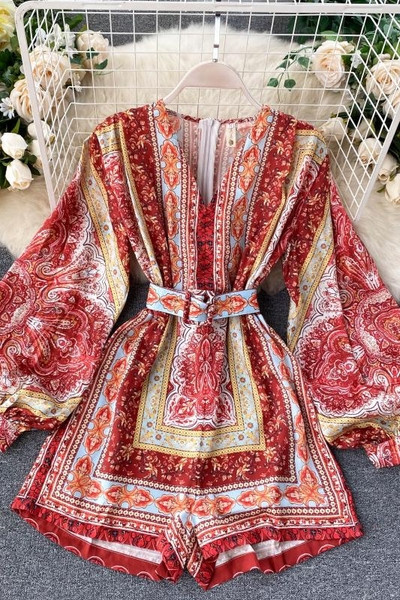 Retro sieviešu krāsains kombinezons ar apdruku