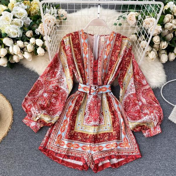 Retro sieviešu krāsains kombinezons ar apdruku