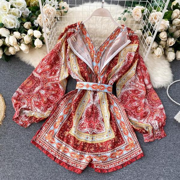 Retro sieviešu krāsains kombinezons ar apdruku