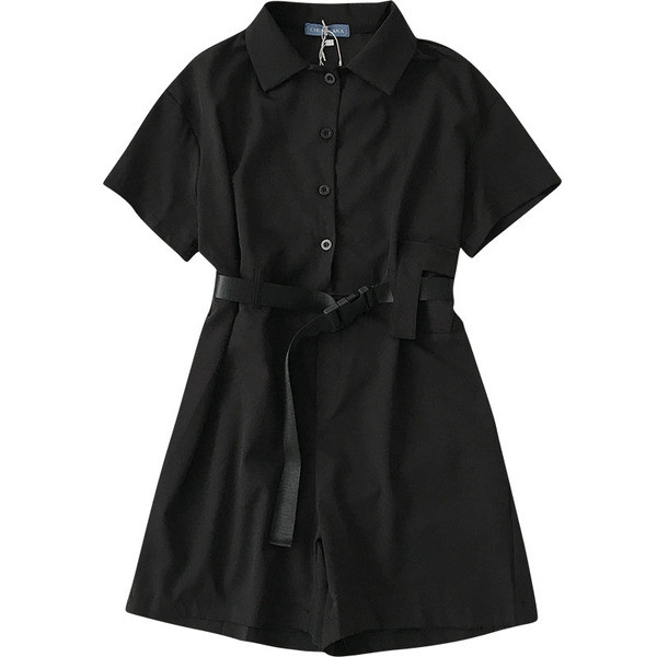 Salopetă neagră scurtă de damă, cu guler și curea clasice