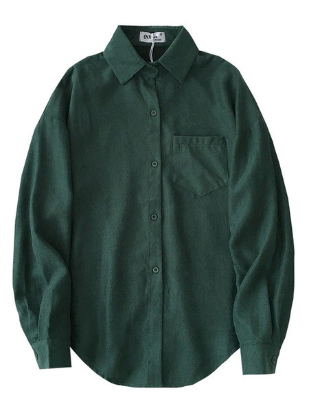 Πράσινο γυναικείο πουκάμισο με κλασικό γιακά, μακριά μανίκια και τσέπη