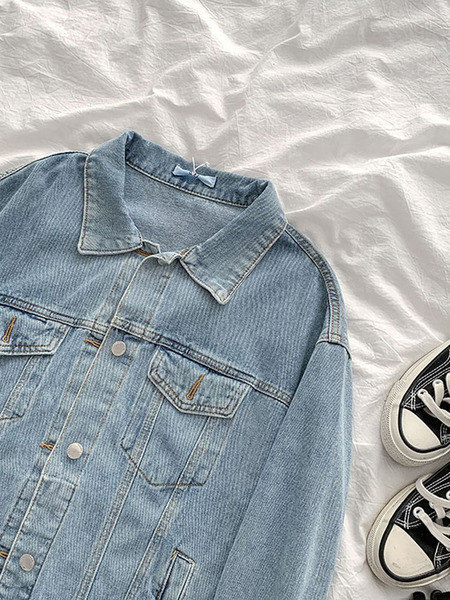 Női alkalmi farmerdzseki klasszikus gallérral és hímzéssel