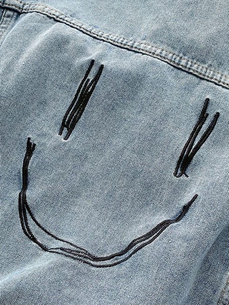 Női alkalmi farmerdzseki klasszikus gallérral és hímzéssel