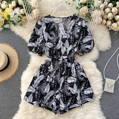 Moodne naiste kombinesoon V-kaelusega, trükitud sulgedega