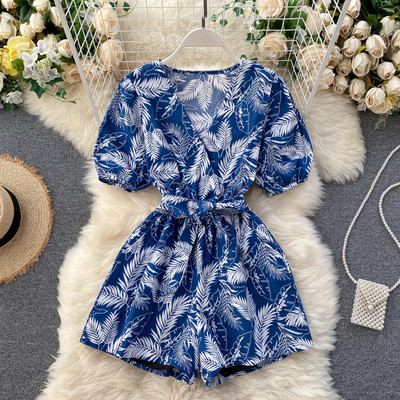 Moodne naiste kombinesoon V-kaelusega, trükitud sulgedega