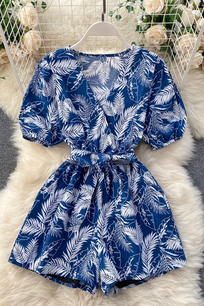 Moodne naiste kombinesoon V-kaelusega, trükitud sulgedega