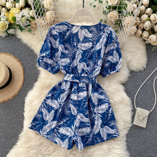 Moodne naiste kombinesoon V-kaelusega, trükitud sulgedega