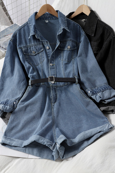 Sieviešu džinsa kombinezons ar garām piedurknēm un klasisku apkakli