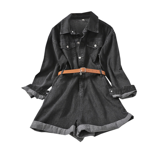 Sieviešu džinsa kombinezons ar garām piedurknēm un klasisku apkakli