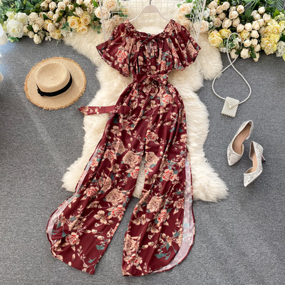 Μοντέρνα γυναικεία ολόσωμη φόρμα με φλοράλ τύπωμα και μανίκια