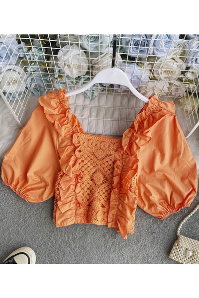 Stiilne naiste kootud lühike laiade varrukatega pluus