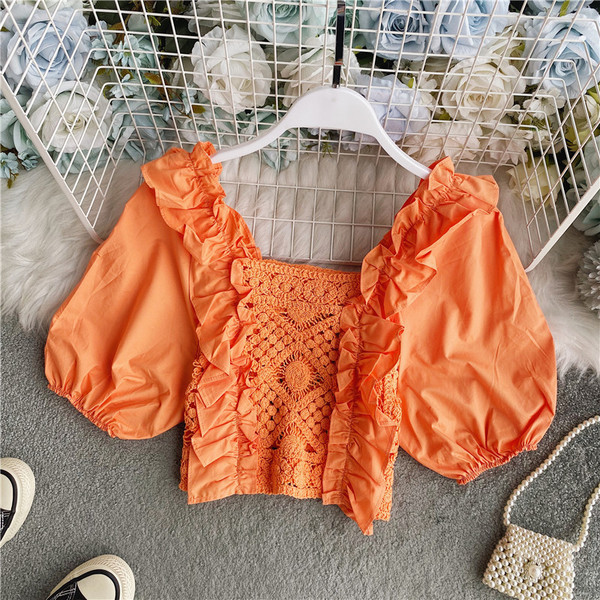 Stiilne naiste kootud lühike laiade varrukatega pluus