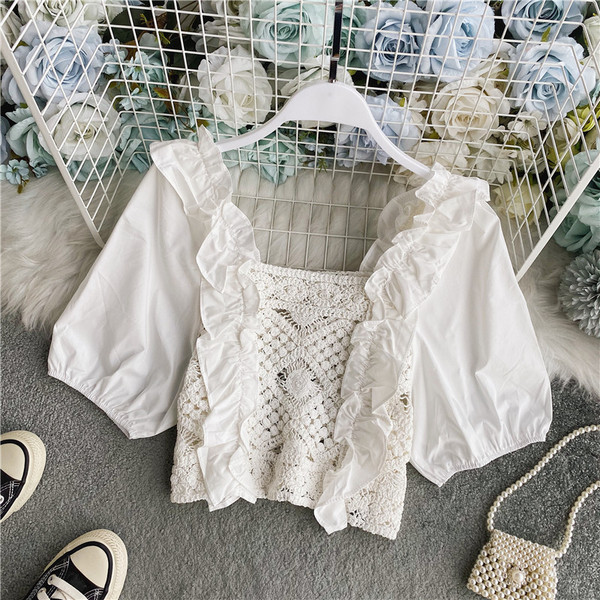 Stiilne naiste kootud lühike laiade varrukatega pluus