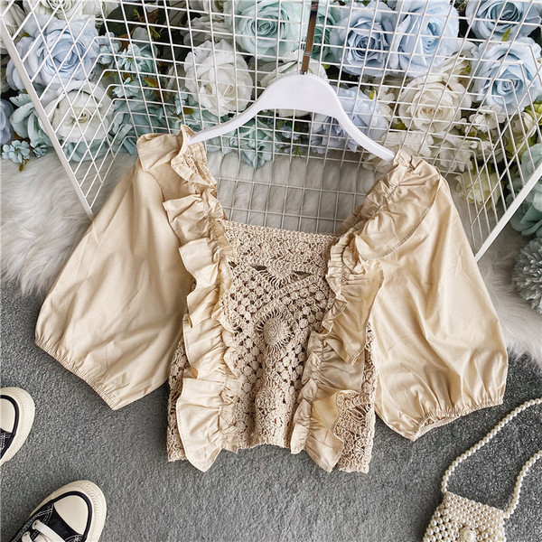 Stiilne naiste kootud lühike laiade varrukatega pluus