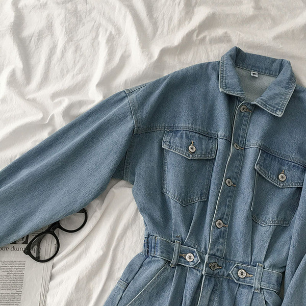 Női farmer overall hosszú ujjal és gombokkal