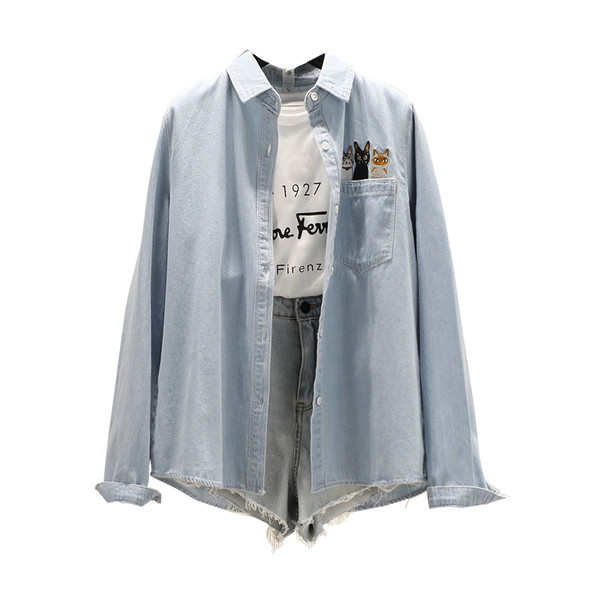 Naiste värvilise tikandi ja taskuga teksasärk