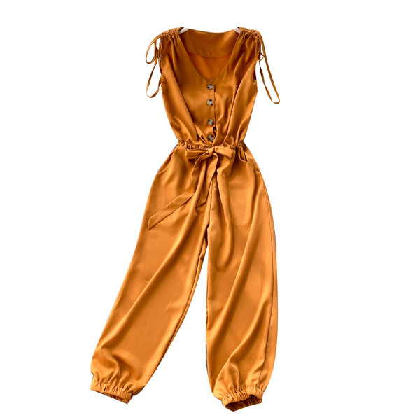 Μοντέρνα γυναικεία ολόσωμη φόρμα με λαιμόκοψη, κουμπιά και κορδόνια