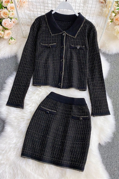 Stílusos, kétrészes női szett fekete színben, magas derékkal