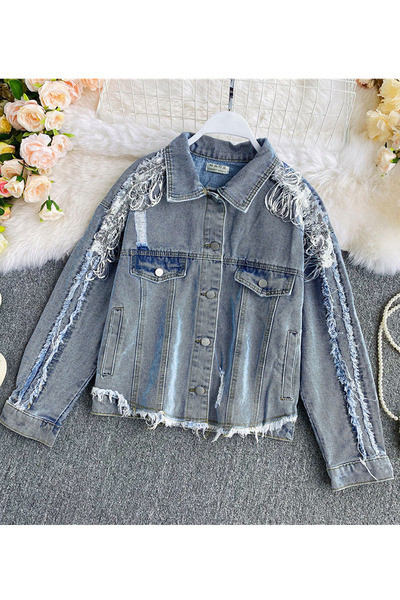 Casual γυναικείο τζιν μπουφάν με γυαλιστερά νήματα και σχισμένο σχέδιο