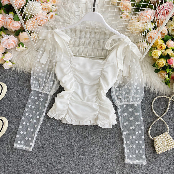 Naiste stiilne pikkade varrukate ja lipsudega lühike pluus