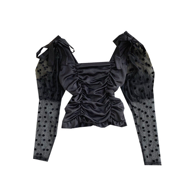 Naiste stiilne pikkade varrukate ja lipsudega lühike pluus