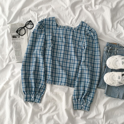 Γυναικείο καρό πουκάμισο με κουμπιά και φαρδιά μανίκια